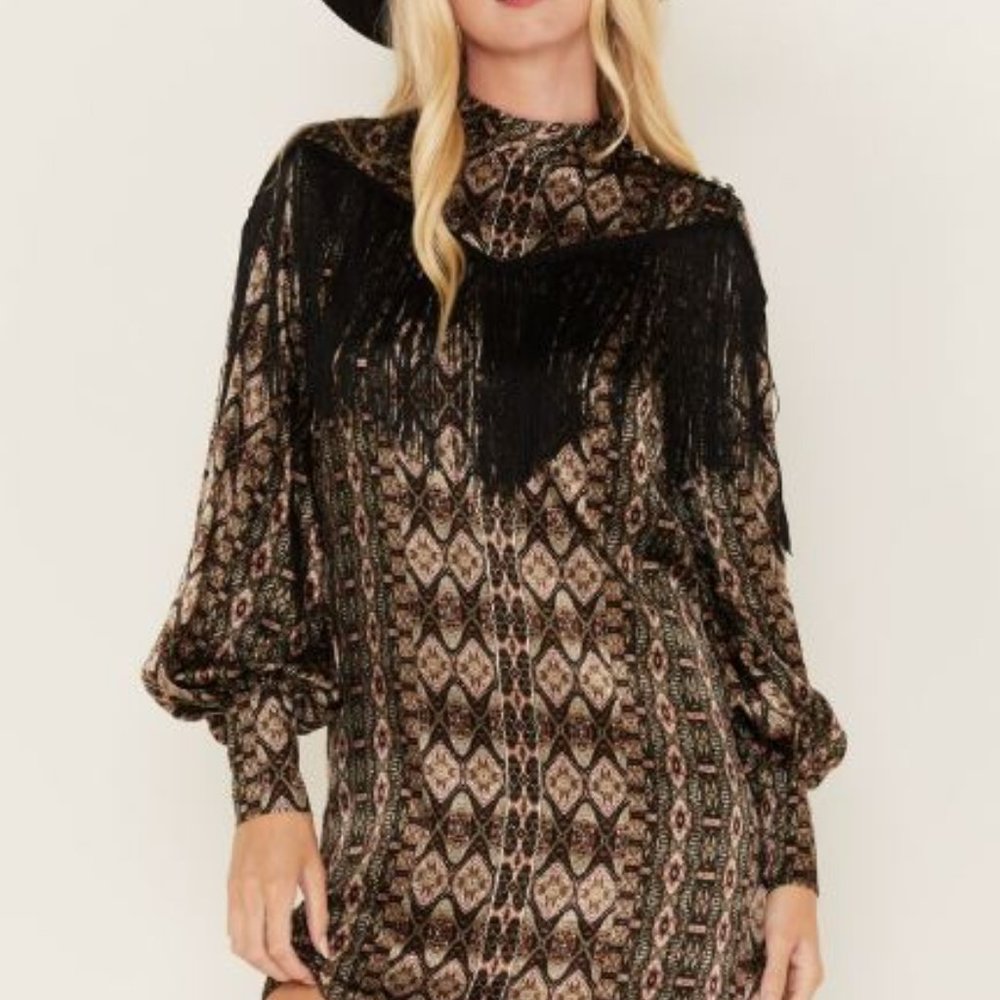 Shyanne Women's Long Sleeve Satin Fringe Mode Dress | XL | NWT